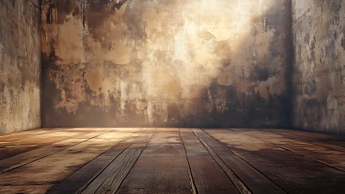 Sunlit distressed room shows textured walls and wood floor