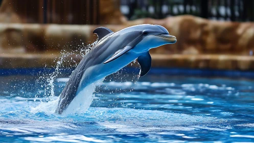 Bottlenose dolphin breaching in midair over blue pool water