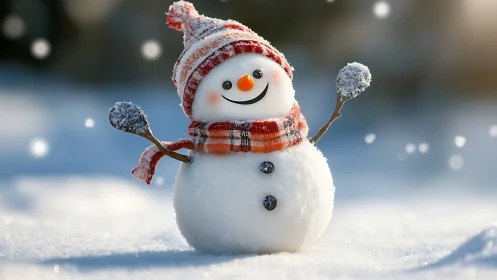 Smiling snowman in winter snow with red hat and scarf.