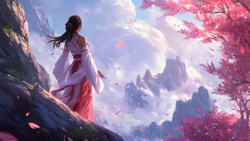 Mountain overlook heroine in red hanfu amid pink blossoms