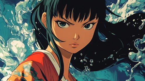 Determined anime heroine framed by dynamic crashing water.