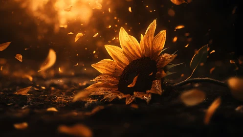 Sunflower glows in ember-like light as petals drift away.