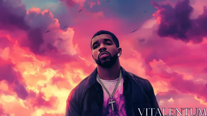 Digital portrait of man under vivid sunset cloudscape.