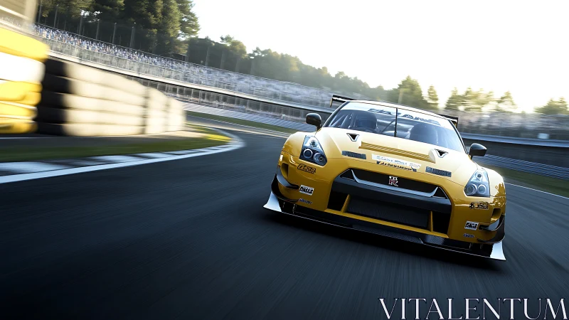 Golden GT racer storms the apex in a blur of speed and light.