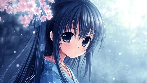 Blue-haired anime girl under soft cherry blossoms at dusk.