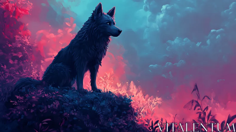 Wolf silhouette on ridge in neon pink and cyan landscape.