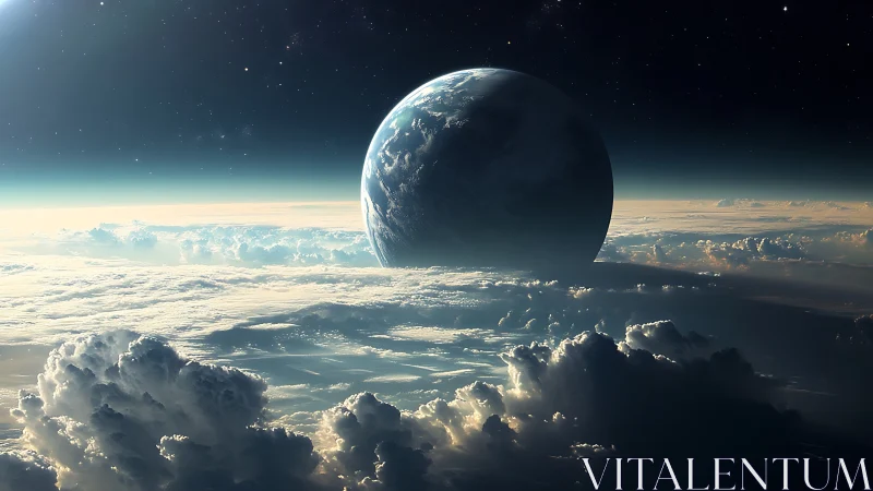 Planetary horizon above luminous cloudscape in space.