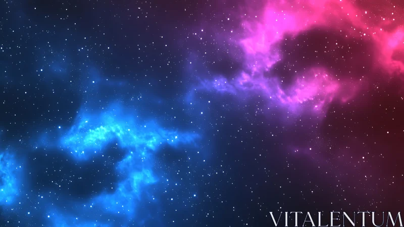 Blue and pink nebula clouds across star filled deep space.