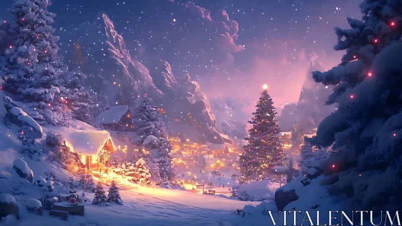 Illuminated alpine village under nocturnal snowfall simulation.