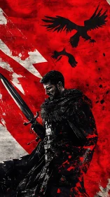 Armored swordsman with crows on red abstract backdrop.