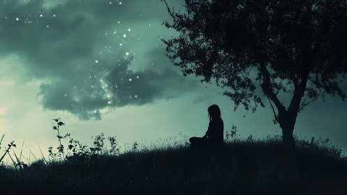 Silhouetted figure watches glowing night sky under tree