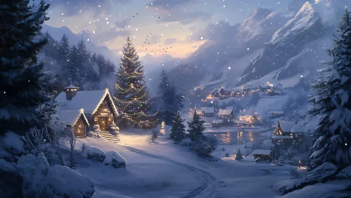Cozy winter village lights wrapped in gentle mountain snow.
