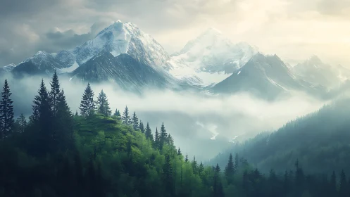 Misty emerald treeline whispers beneath glacial mountain giants