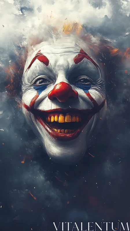 Sinister cloudborn clown grins through swirling storm haze.