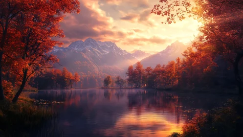 Mountain lake with autumn forest under low evening sun.