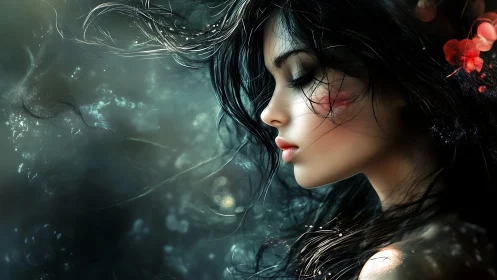 Ethereal profile of a dreamlike woman draped in flowing light