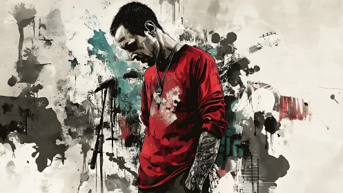 Tattooed man in red shirt stands amid abstract paint splashes
