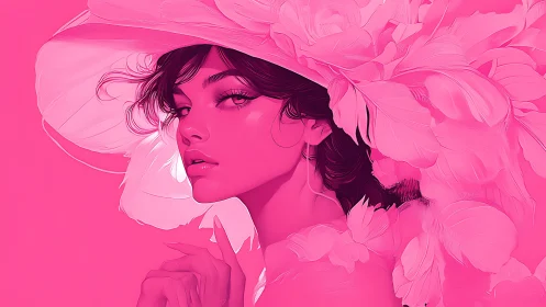 Monochrome magenta portrait with feathered hat detailing.