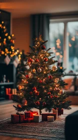 Glowing Christmas tree warms a cozy, softly lit living room