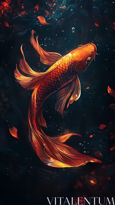 Radiant koi fish gliding through dark teal abstract water.