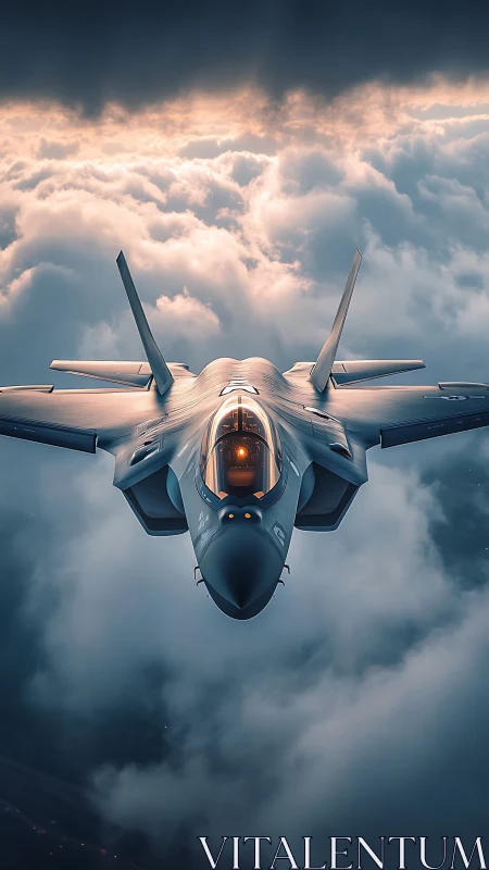 Stealth fighter jet flying through dramatic storm clouds.