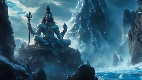 Mythic blue deity seated on storm-lashed icy mountain throne