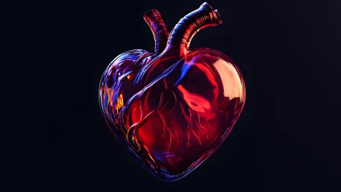 Futuristic Glass Human Heart with Vivid Lighting and Dark Background.