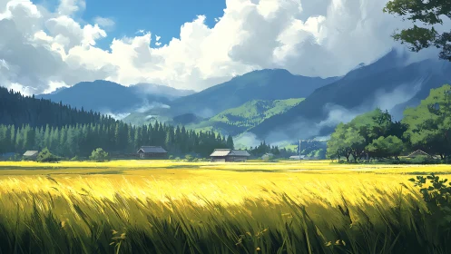 Golden rural rice fields glow beneath distant blue mountains