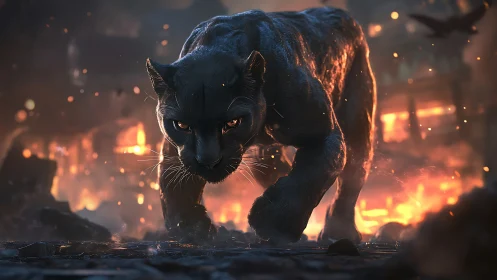 Black Panther Stalking Through Flames at Dusk