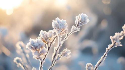 Winter frost blooms softly against a glowing sunrise sky