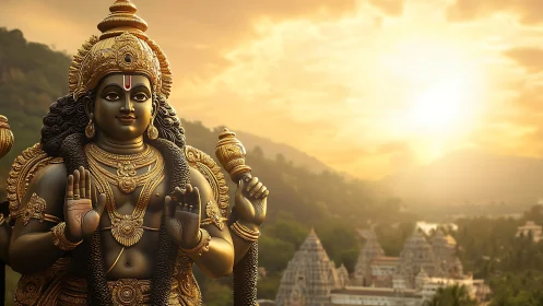 Sunlit Hindu deity sculpture with ornate gold detailing and bokeh