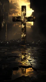 Illuminated cross silhouette amid dark reflective ruins.