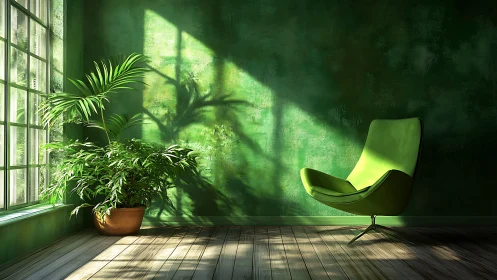 Green lounge corner catches sculpted sunlight and shadow.