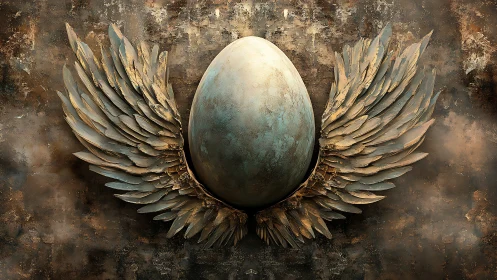 Winged metallic egg sculpture on distressed wall background.