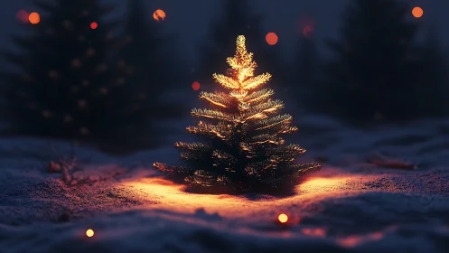Glowing Christmas tree warms a quiet snowy winter forest