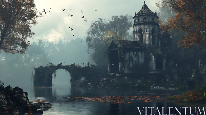 Misty riverside ruin where quiet fog meets hidden stories.