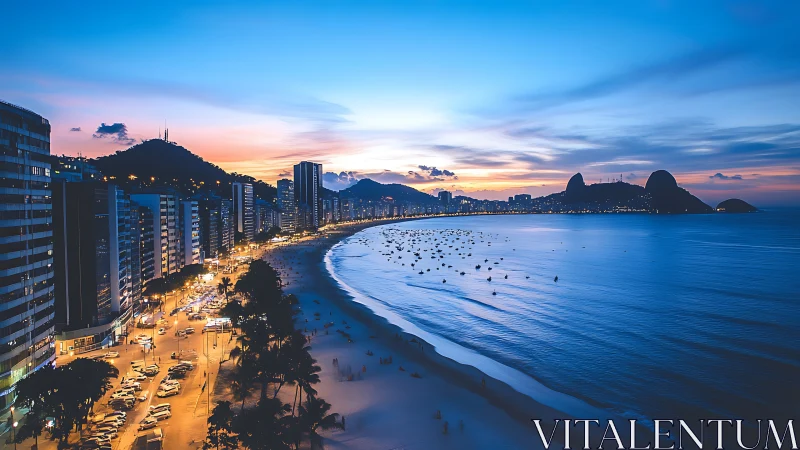 Twilight coastal skyline with illuminated avenue and curving urban bay