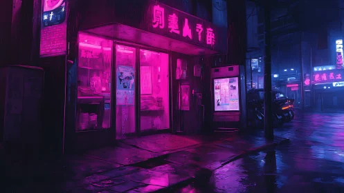Neon-soaked alley storefront in rain-drenched cyberpunk night.