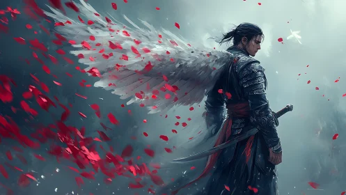 Winged armored swordsman amid dispersed red petals.