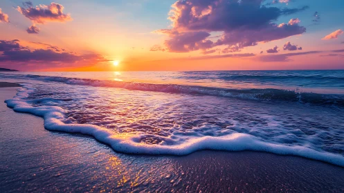 Sunset horizon over calm sea with foamy shoreline waves.