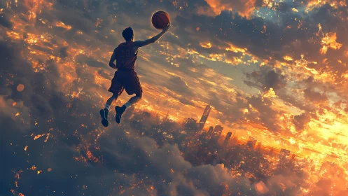 Basketball player silhouette elevated above illuminated city