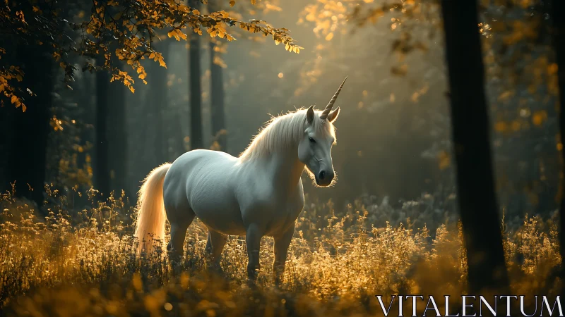 White unicorn standing in warm golden forest light.