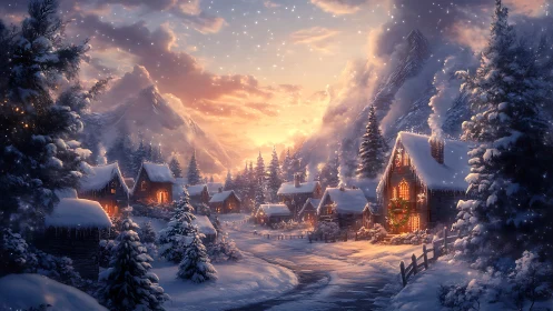 Luminous alpine winter village with volumetric snow lighting.