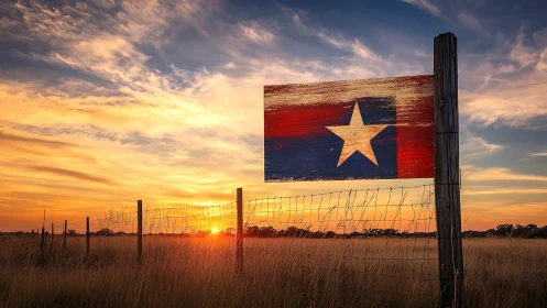 Texas star fence sign glows against blazing rural sunset.