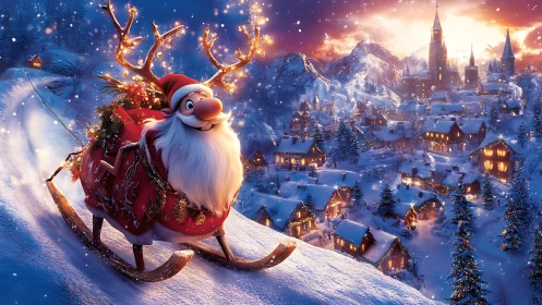 Whimsical Santa sleigh ride above luminous winter village.
