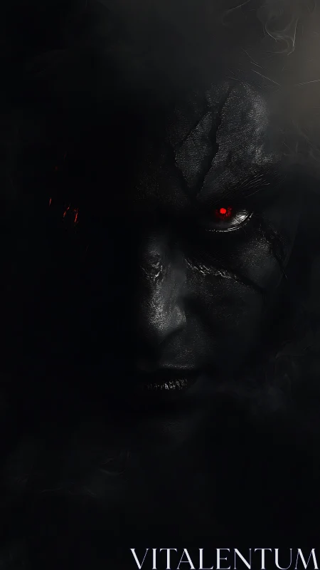 Sinister red-eyed face emerges from deep swirling shadows