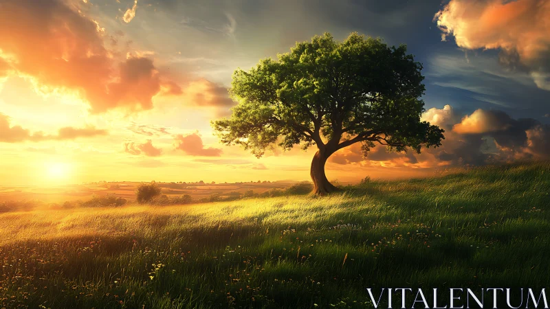 Solitary oak dominates sunlit hill under glowing sunset sky