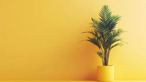 Minimalist yellow interior with potted palm against backdrop.