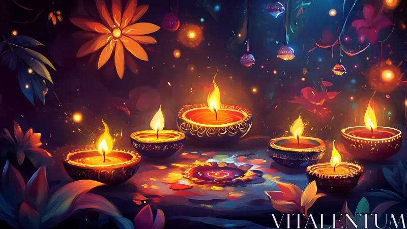 Gentle festival diyas glow warmly in a colorful night scene