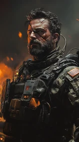 Battle-hardened special forces operator in flaming combat theater.